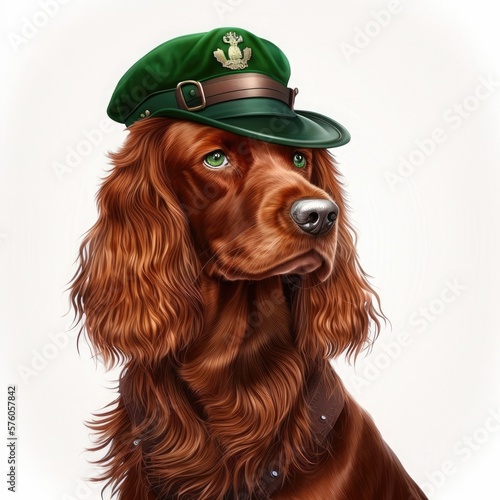 Dog celebrates St. Patrick day in pub with pint of beer on white background. Dog character, irish red setter in green top hat, cop-space, AI generative