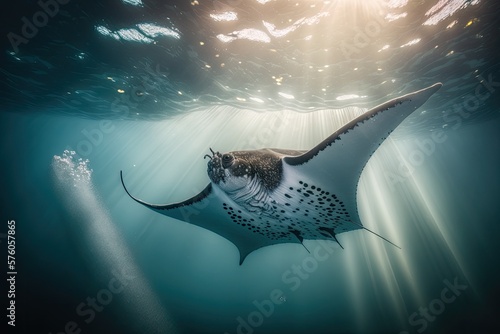 Large manta underwater, ocean, water surface with sparkling reflections, AI generative
