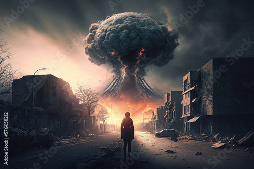 Fotografia A man stands in front of a nuclear explosion and watches this spectacle, the apocalypse and the nuclear mushroom from the explosion
