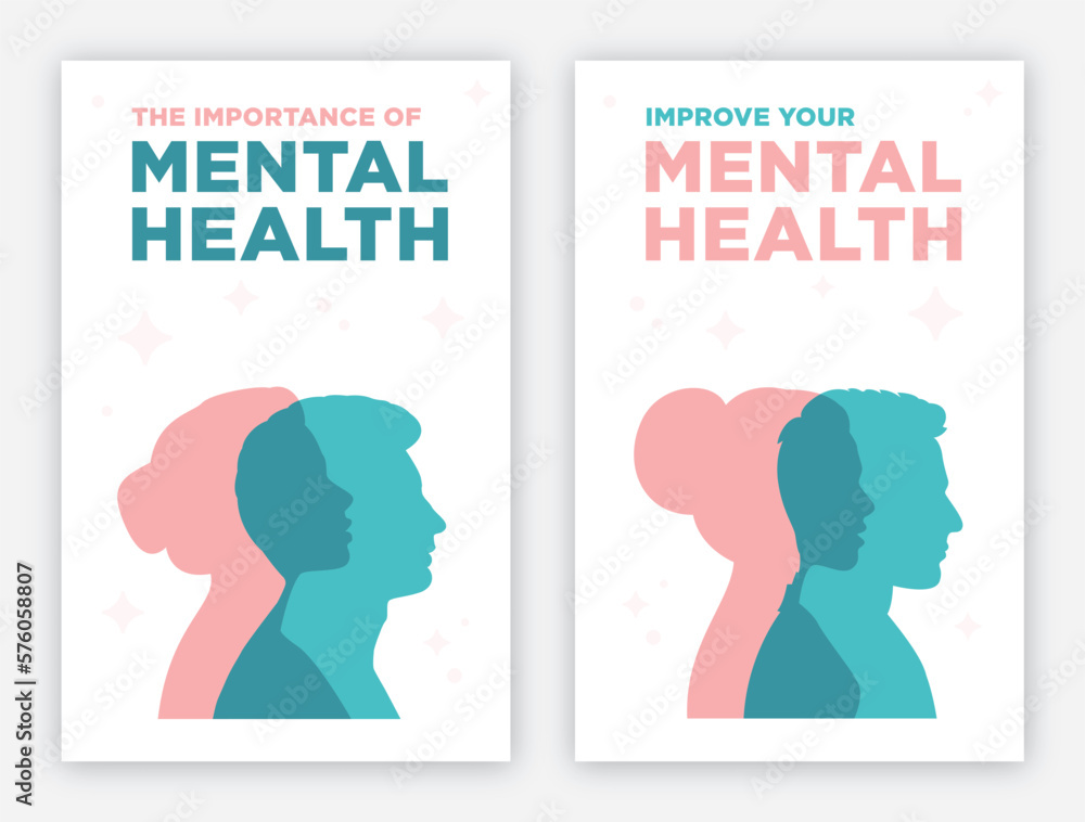 Mental Health vector banners. October 10 is world mental health day. A woman and man silhouette represents mental health, flat and minimalist banner. Mental Health vector banners. October 10 is world mental health day. A woman and man silhouette represents mental health, flat and minimalist banner.