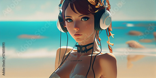 Beautiful sexy anime girl in bikini listening to lofi hip hop music with headphones. Generative AI