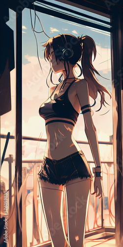 Beautiful sexy anime girl listening to lofi hip hop music with headphones. Generative AI

 photo