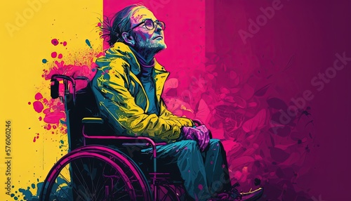 an illustration of a disable person on wheel chair with color splash, Generative Ai