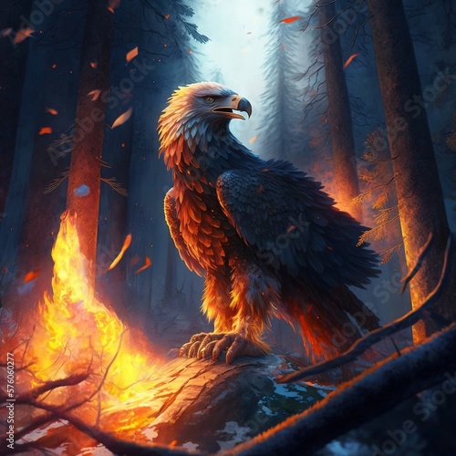 Fantasy scene of a angry Eagle dressed with fire and ice on a forest - Wonderful illustration © Mstluna