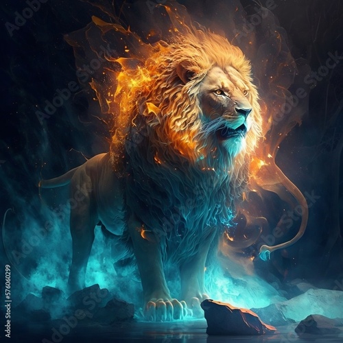Fantasy scene of a angry lion dressed with fire and ice on a forest - Wonderful illustration
