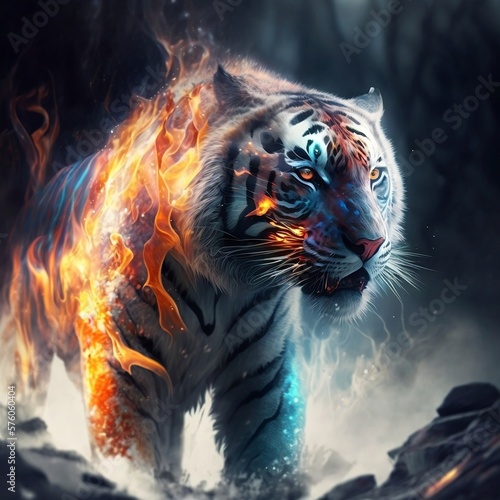 Fantasy scene of a angry tiger dressed with fire and ice on a forest - Wonderful illustration