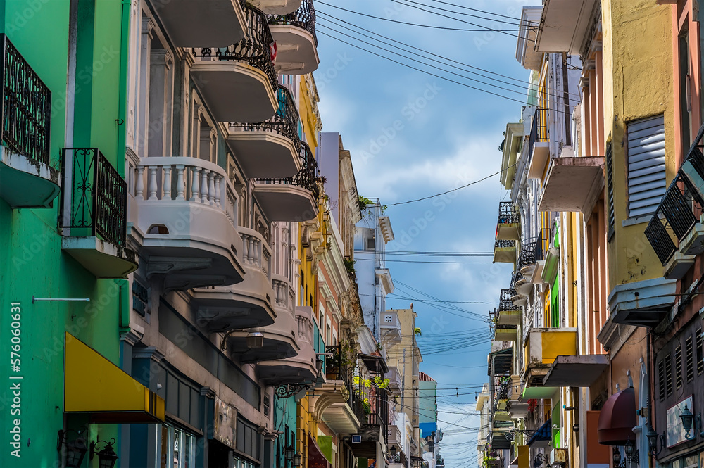 A view down a street in the centre of San Juan, Puerto Rico on a bright sunny day