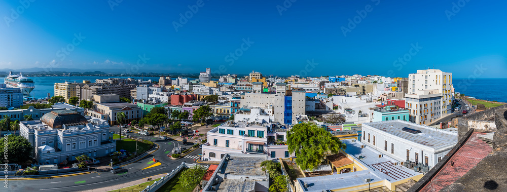 A panorama view west from the battlements of the Castle of San Cristobal, San Juan, Puerto Rico on a bright sunny day