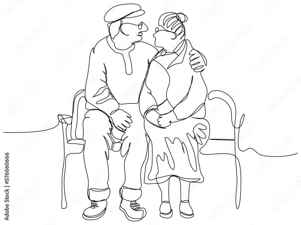 An elderly couple is sitting on a bench and hugging in one line on a white background. The concept of happy love through the years in a minimalist style. Stock vector illustration with editable stroke An elderly couple is sitting on a bench and hugging in one line on a white background. The concept of happy love through the years in a minimalist style. Stock vector illustration with editable stroke