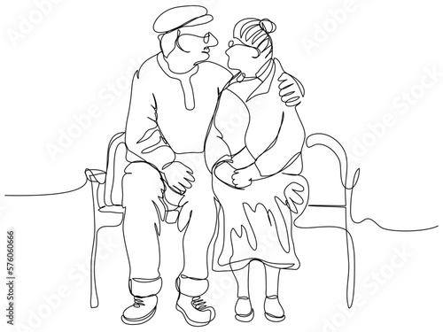 An elderly couple is sitting on a bench and hugging in one line on a white background. The concept of happy love through the years in a minimalist style. Stock vector illustration with editable stroke