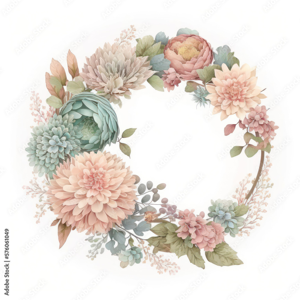 Flower wreath, floral frame, created using generative Al tools.