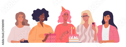Beautiful girls celebrating bithday party. Women characters colorful vector illustration