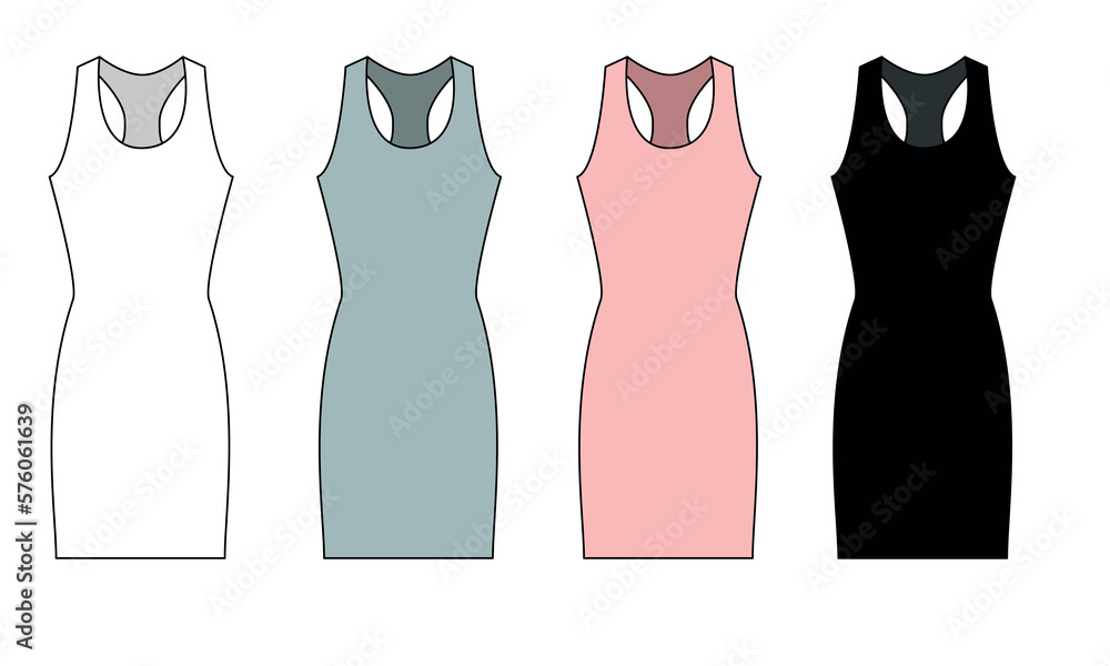 Vector set of knitted dress drawings. Outline template of women's summer dress in green, pink, white and black. Sketch of a short summer dress-shirt, vector. Vector set of knitted dress drawings. Outline template of women's summer dress in green, pink, white and black. Sketch of a short summer dress-shirt, vector.