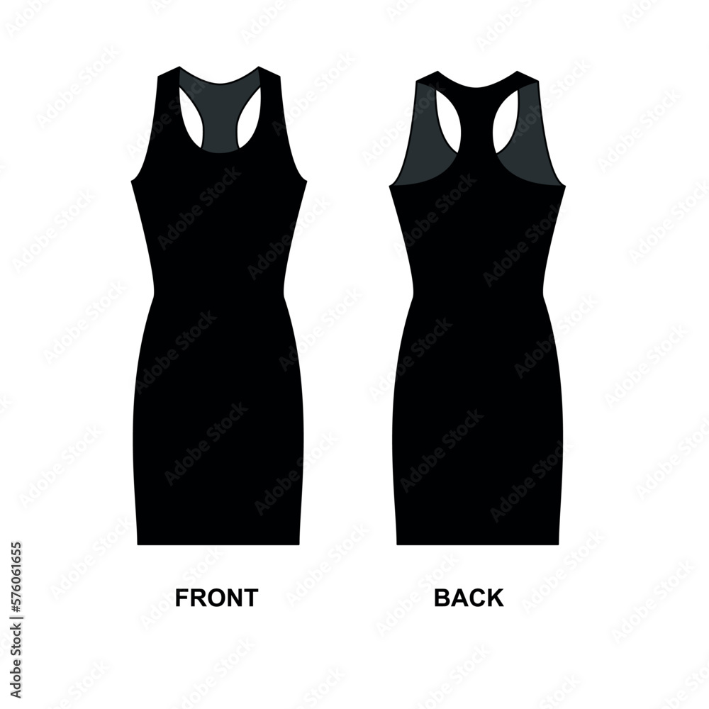 Black dress vector drawing, front and back view. Outline template of