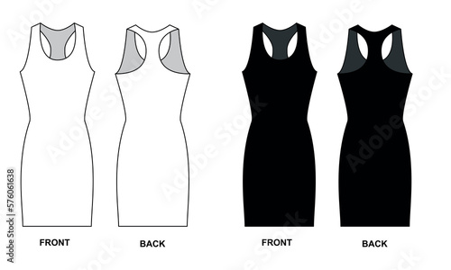 Outline vector drawing of short sleeveless dress, black, white colors. Basic bodycon dress template, front and back view. Off-the-shoulder tee dress pattern, vector.