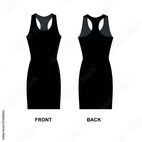 Black dress vector drawing, front and back view. Outline template of women's bodycon black dress.