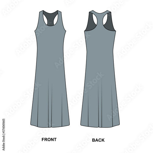 Vector drawing of a fashionable, sleeveless long dress. Basic stylish dress template, front and back view. Pattern of an off-the-shoulder T-shirt dress, grey color.