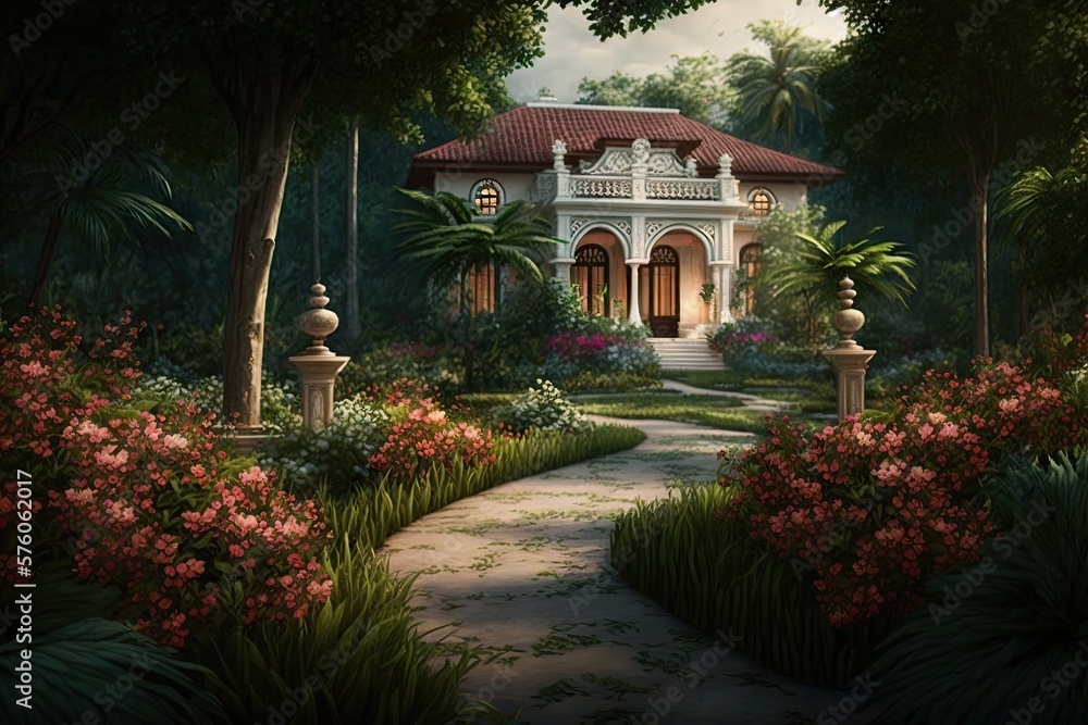 Lush Gardens in a Picturesque Setting - A Delightful Villa Rendition Generative AI