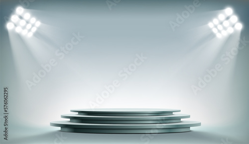 Vector podium with steps illuminated by spotlights