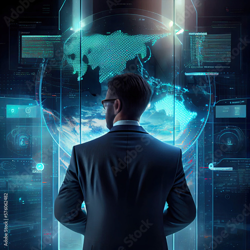 Metaverse digital cyber world technology concept businessman success working with his team as concept with virtual digital dashboard interface with The real world with the virtual world overlapped