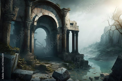 The Crumbling Walls of Antiquity Revealed Through the Mist Generative AI