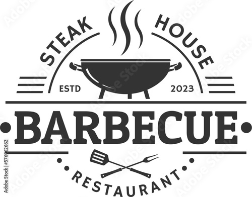 Barbeque logo. BBQ icon or label. Grill bar, restaurant, steak house vintage badge design with fire flame, grill fork and spatula. Vector illustration.
