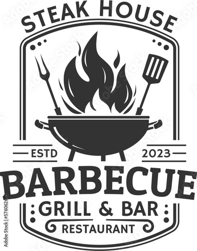 Barbeque logo. BBQ icon or label. Grill bar, restaurant, steak house vintage badge design with fire flame, grill fork and spatula. Vector illustration.