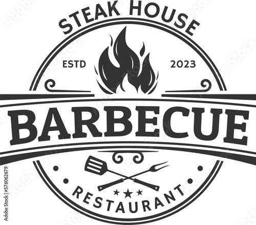 Barbeque logo. BBQ icon or label. Grill bar, restaurant, steak house vintage badge design with fire flame, grill fork and spatula. Vector illustration.