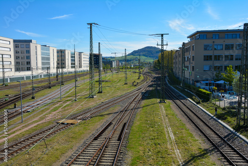 Railway tracks through the city of Freiburg im Breisgau, Germany
