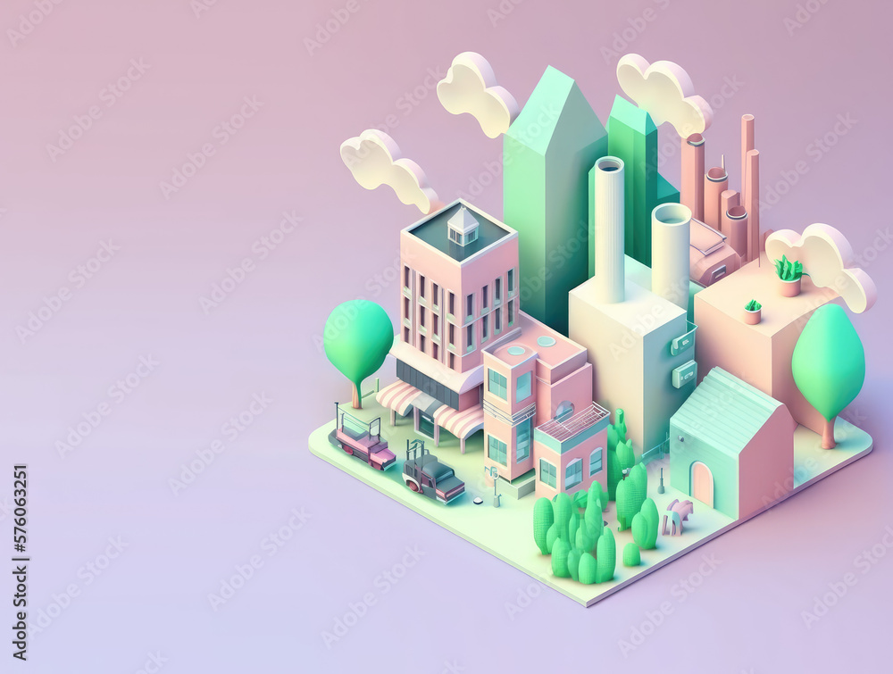 Fototapeta premium Isometric city with trees and clouds in cartoon style. 3d town isolated on pastel background, copy space. 3d render illustration. Generative AI art.