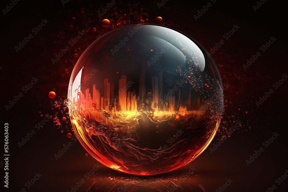 Red negative stock market chart in a crystal ball, bear market prediction, illustration, mysterious dark background, light reflections and effects, created with generative AI technology Red negative stock market chart in a crystal ball, bear market prediction, illustration, mysterious dark background, light reflections and effects, created with generative AI technology