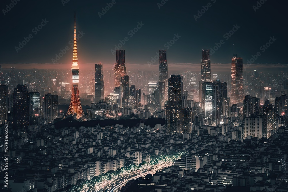 Illuminated Skyline of Tokyo Amidst the City Lights Generative AI
