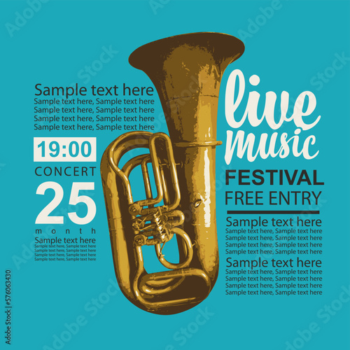 Vector vintage poster for good old jazz festival of live music with wind instrument trumpet and inscriptions. Music banner, flyer, invitation, ticket in retro style