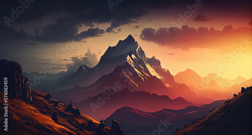 Beautiful Summer Sunset Over Mountain Landscape - A Natural Travel Background. Generative AI