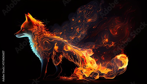 Mystic Red Fox in Danger of Burning Flames: Magical Beasts and Animals Nature Illustration on Dark Background: Generative AI