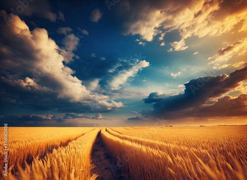 Wheat field, grain field at sunset. Concept of monoculture farming. Generative AI.