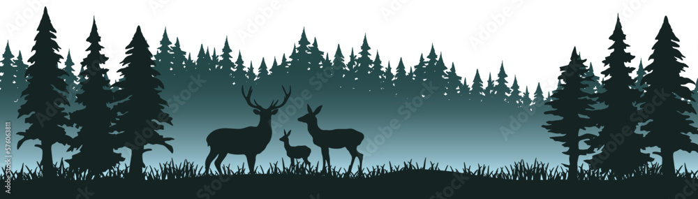 Obraz premium Silhouette of wild deer and black forest fir spruce trees camping wildlife adventure misty fog landscape panorama illustration icon vector for logo, isolated on white background