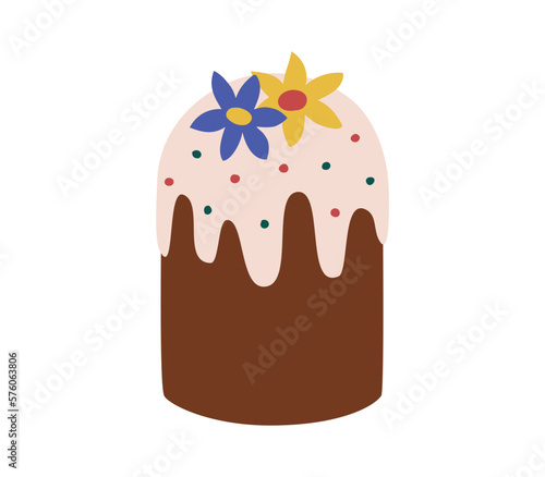 Hand drawn cute cartoon illustration of Easter cake decorated by flowers. Flat vector spring Easter bakery sticker in colored doodle style. Paska, kulich icon or print. Isolated on background.