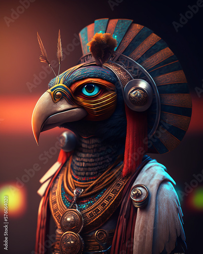 fantasy Horus Egyptian Eagle God in colorful feathers and fabrics 