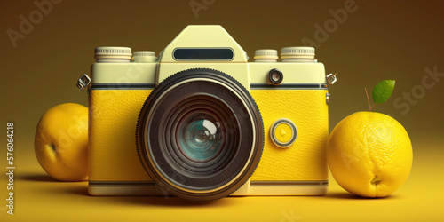 Generative AI illustration of retro photo camera with lemons photo