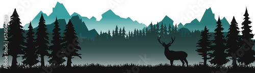 Silhouette of mountains  wild forest woods deer animal and misty fog forest fir trees camping adventure wildlife landscape panorama illustration icon vector for logo  isolated on white background.