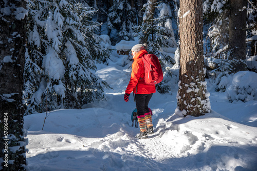 Woman hiking in snowy forest
