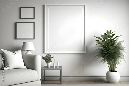Picture frame mockup on white wall. White living room design. Minimalism concept.