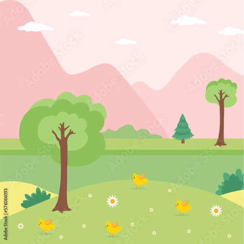 Meadow nature background with chickens. Vector graphics