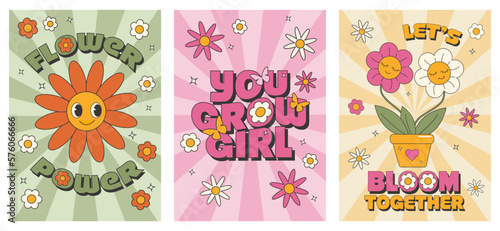 Groovy 70s set. Y2k groovy spring poster set. Funny cartoon flower, daisy, plant