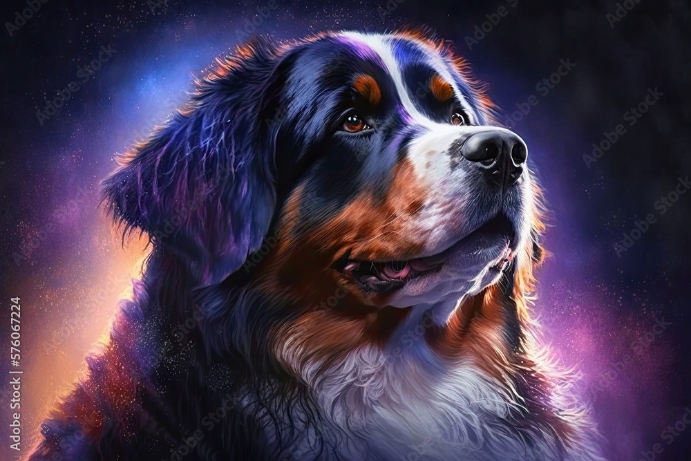 A Burst of Color Get to Know the Noble Bernese Mountain Dog, Its Background  Its Hues of Light Blue, Purple, Orange. Generative AI