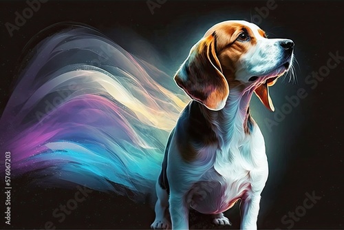Vibrant Colors Shine Across Beagles Background in Mystical Burst of Light Blue, Purple  Orange. Generative AI photo