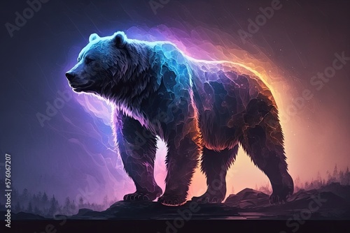 Striking Skyline Appear as Energetic Bear Paints the Sky with Vibrant Blues and Purples. Generative AI photo