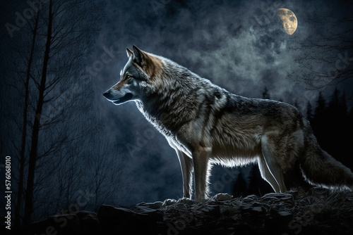 Wolf, sharp teeth, thick fur, piercing eyes, agile movements, dark fur under a full moon, dense forest, eerie silence
