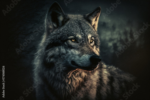 Wolf  sharp teeth  thick fur  piercing eyes  agile movements  dark fur under a full moon  dense forest  eerie silence